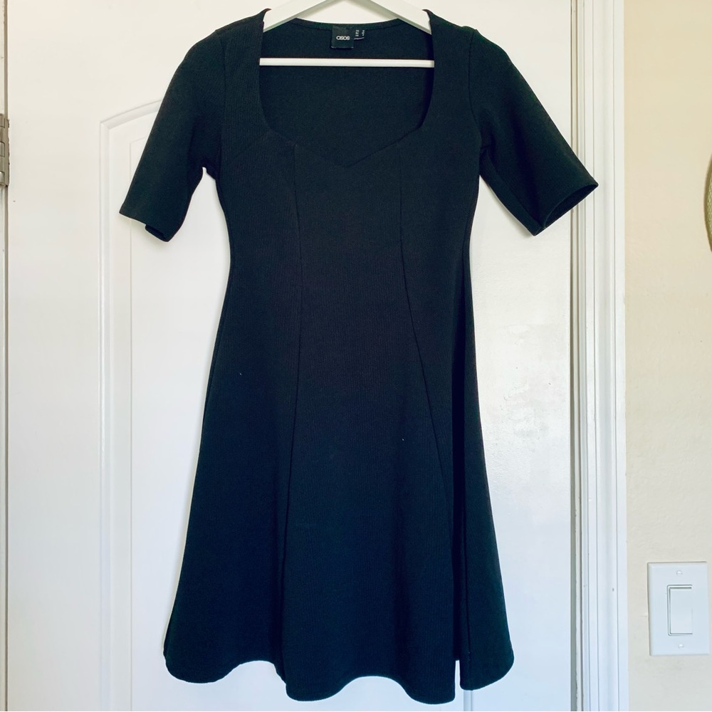 ASOS Black Scoop V-Neck Textured Knit Fit & Flare Cocktail Dress | Size: 6/S
